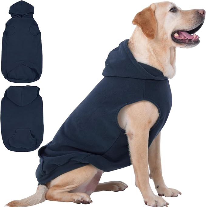 IECOii XXL Dog Hoodie for Large Dogs, Fleece Dog Sweatshirt for Large Breed Male Female Dogs,Pet Pouch Hoodie Winter Sweater Coat with Leash Hole, Warm & Lightweight Outfit for Pitbull, Blue, 2XL