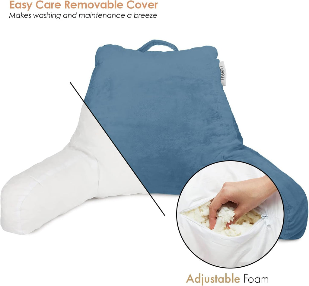 Nestl Reading Pillow with Shredded Memory Foam, Designed for Sitting Up in Bed and Couch, Back and Arms Adjustable Support for Adult & Teens Backrest Pillows for Reading, Washable Cover, Blue Heaven