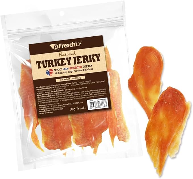 AFreschi Turkey Jerky Dog Treats – 4 oz, USA-Sourced Trukey, All-Natural, Hypoallergenic, High-Protein, Low-Fat, Healthy & Easily Digestible, Puppy & Training Snack