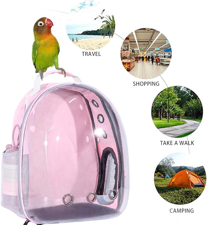 Pink Bird Backpack Carrier with Portable Bird Feeder Cups, Pet Bubble Carrier for Pet Birds, Airline-Approved, Ventilate Transparent Space Capsule Carrier Backpack for Travel, Hiking and Outdoor Use
