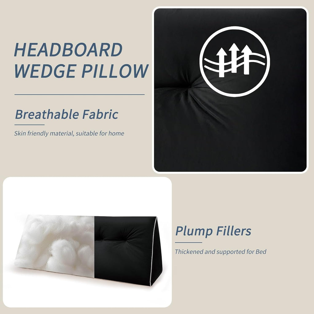 Headboard Wedge Pillows Full, Ergonomic Bed Triangular Headboard Pillow, Thickened Backrest Cushion for Reading in Dorm Bed Sofa, Black, 54in