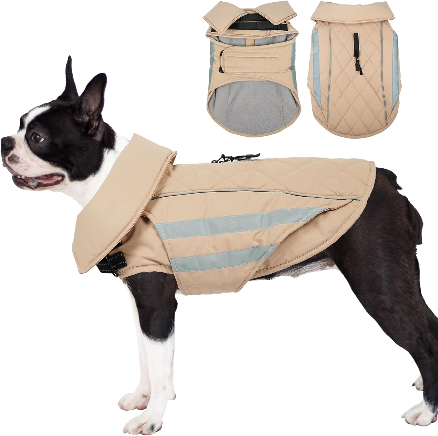 Large Dog Jacket Waterproof Warm Dog Winter Coats with Harness Hole Turtleneck Reflective Snowsuit Adjustable Fleece Coat for Dogs French Bulldog, Khaki L