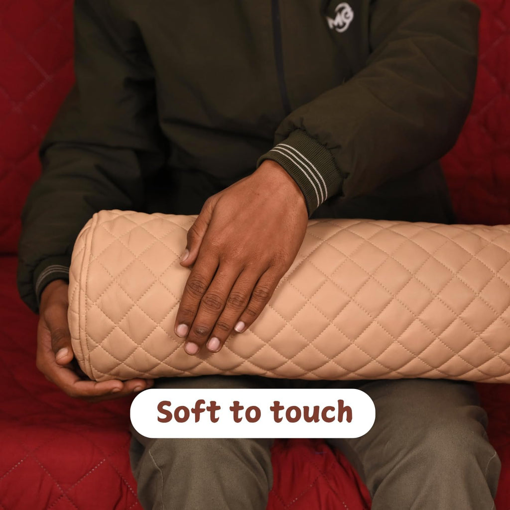 Neck Roll Pillow Cushion Cover, 14x6 Inch Full Moon Round Bolster Pillow Case, Cylinder Soft Lambskin Leather Pillowcase for Head, Spine & Neck Support During Sleep - Quilted Beige Pack of 1