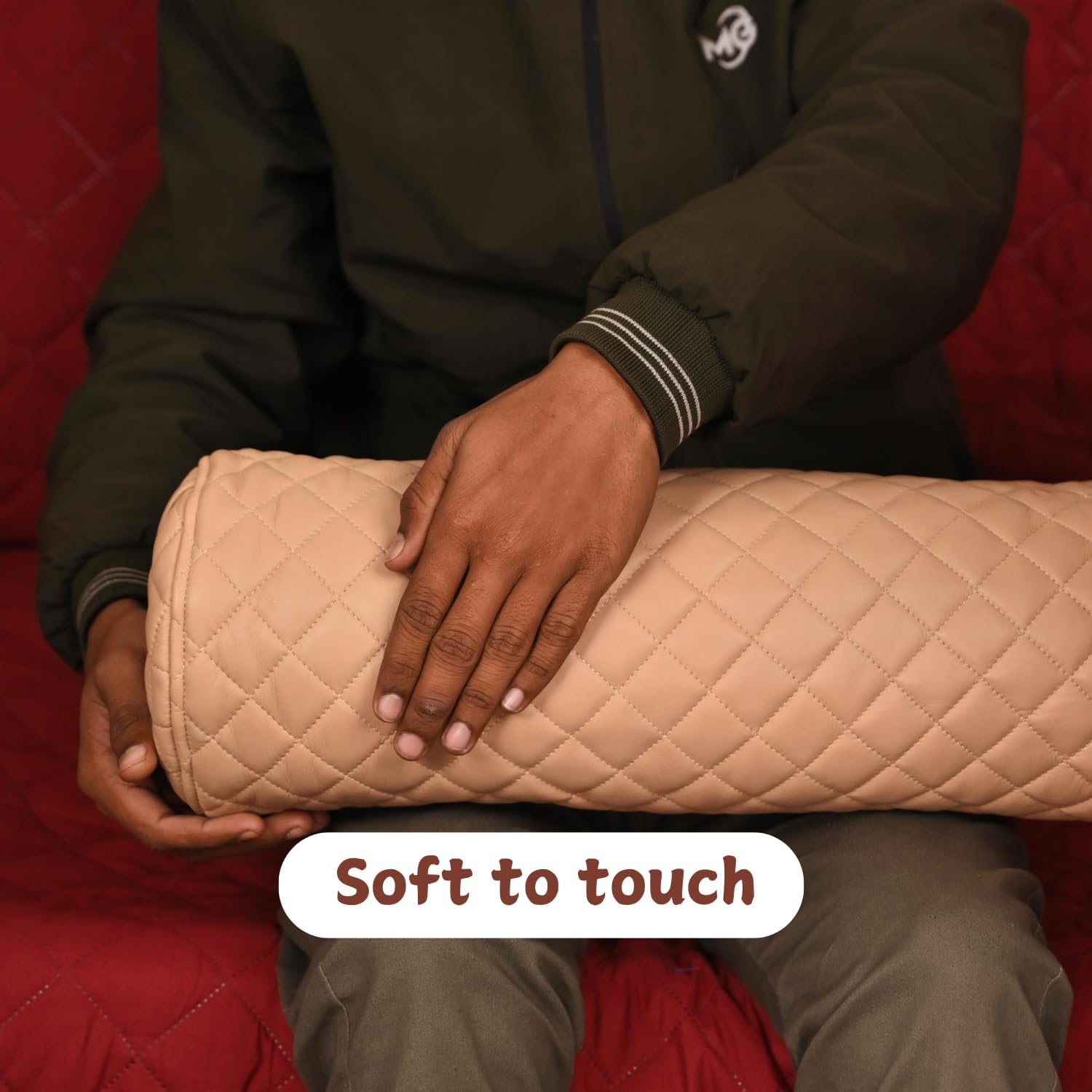 Neck Roll Pillow Cushion Cover, 14x6 Inch Full Moon Round Bolster Pillow Case, Cylinder Soft Lambskin Leather Pillowcase for Head, Spine & Neck Support During Sleep - Quilted Beige Pack of 1