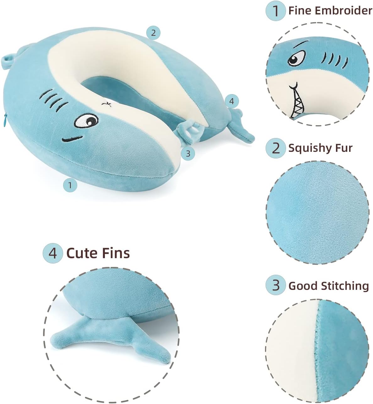 Niuniu Daddy Kids Travel Pillow for Airplane Road Trip Car Seat, Neck Chin Supporting, Stop Head from Falling Forward, Memory Foam with Cute Shark Animal Cover, Gift for Boy Girl - Shark Travel Pillow