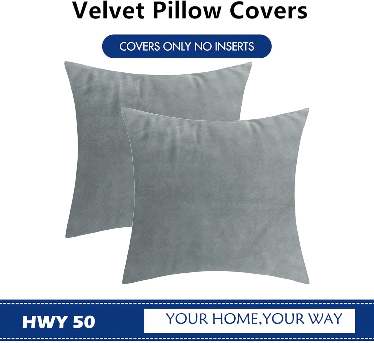 HWY 50 Gray Grey Velvet Throw Pillow Covers 16x16 Inch, Pack of 2 Soft Cozy Solid Decorative Luxury Cushion Cases for Couch Sofa Bed Living Room Bedroom