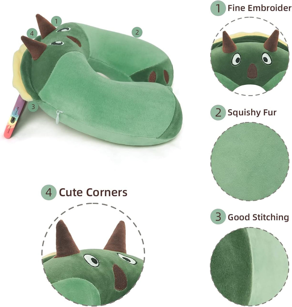 Niuniu Daddy Dinosaur Kids Travel Neck Pillow Road Trip Essentials for 3-8 Years Old, Memory Foam Dino Portable Pillow for Airplane Travel Essentials, Green Triceratops Cervical Pillow for Boys Girls