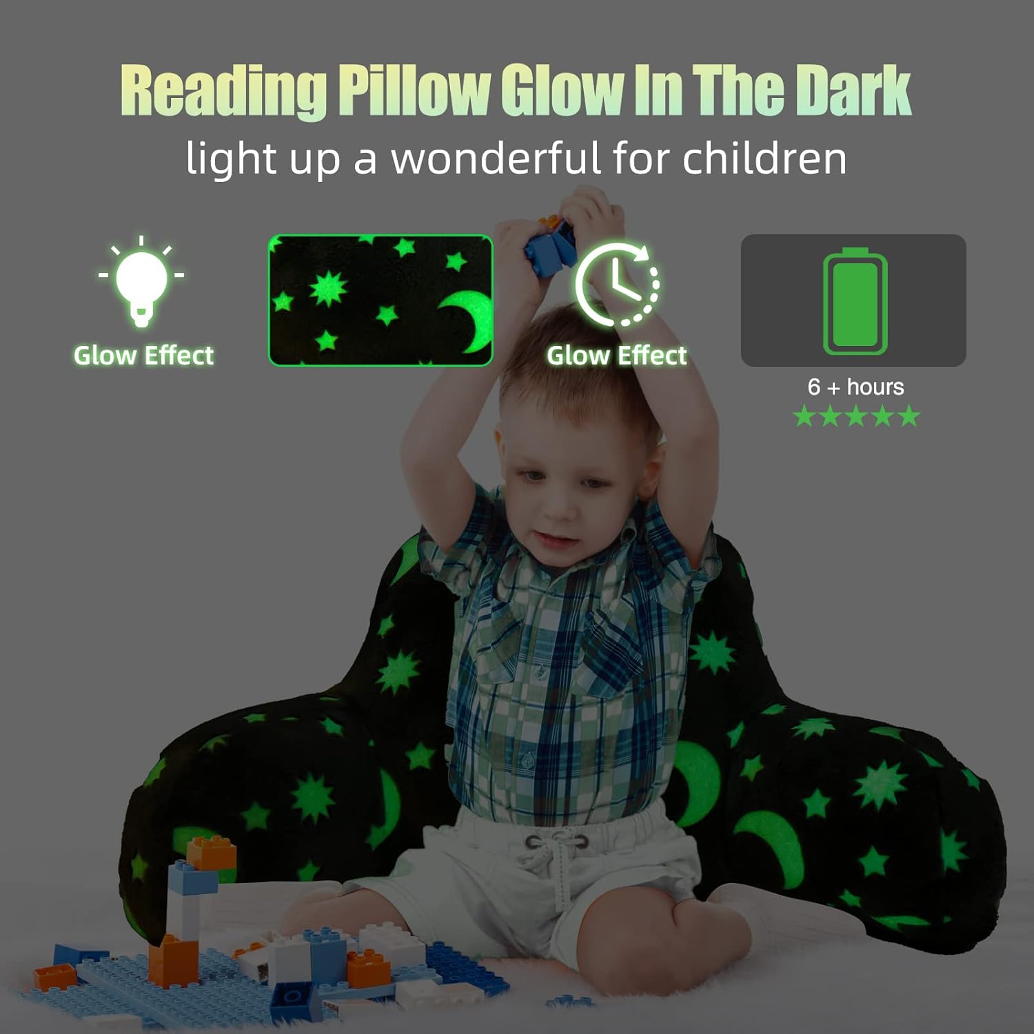 Meeting Story Glow in The Dark Star Moon Luminous Reading Pillows Sparkling with Arms Back Pillow for Bed, Bed Rest Pillow for Adults Teens, Kids, (Grey)