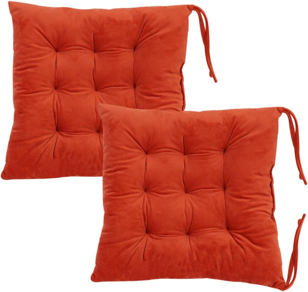 2 Pack Square Seat Cushion Chair Pads for Kitchen Dining Chairs, Soft Comfort Velvet Chair Mat Pillow Cushions with Ties for Office Desk Living Room Tatami 15.5", Orange