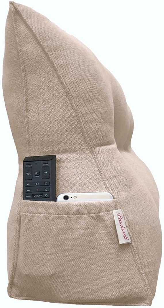 Triangular Reading Bed Rest Pillow Large Bolster Cushion Headboard Backrest Wedge Pillow with Removable Cover and Two Large Side Pockets (Champagne, California King: 71 x 8 x 20 inches)