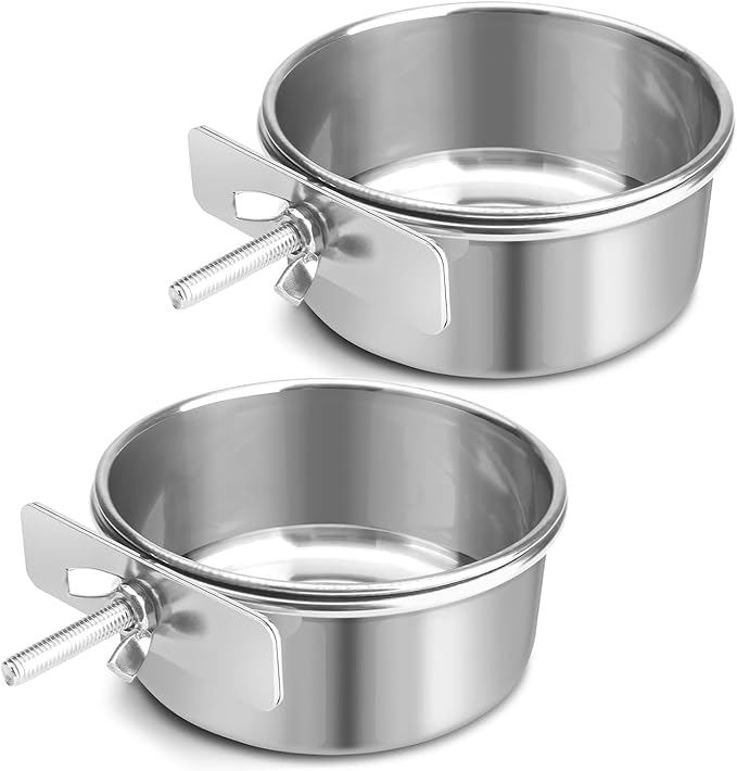 Bird Cage Feeder, Bird Feeder for Cage, 2 Pcs 10oz Stainless Steel Food Water Bowls with Clamp, Hanging Coop Cups for Parrot Cockatiel Hamster Rabbit Rat Small Animals
