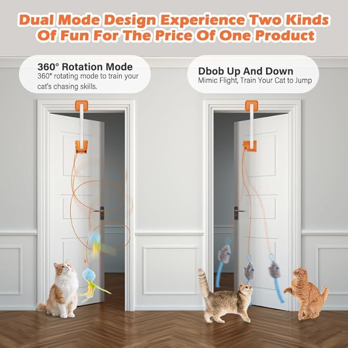 Interactive Cat Toy, Flapping Bird & Rotating Feather Teaser for Indoor Cats, Hanging Doorway Cat Toys with Fishing Pole for Exercise, Boredom Relief & Fun Games