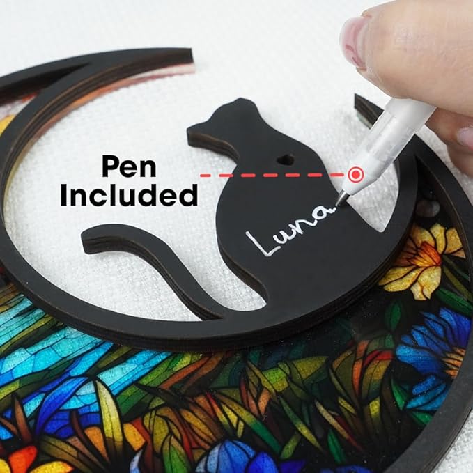 6'' DIY Cat on Moon Memorial Suncatcher, Personalized Name Cat Sympathy Ornament Window Hanging, Ideas Gift for Loss of Pet Passing Away, Remembrance Keepsake for Pet Lovers SCC-B2-6-03