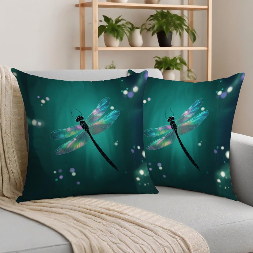 2 Pcs Modern Green Dragonfly Print Pillow Cover, Insect Themed Linen Square Cushion Covers for Couch Sofa Bed Bedroom Apartment Dorm Living Room Office Home Decor,Dragonflies Gifts for Women