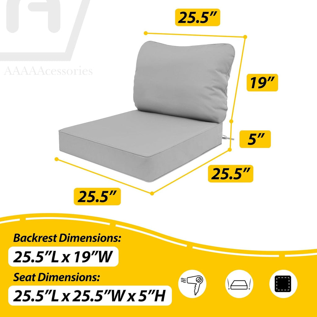 AAAAAcessories Outdoor Deep Seat Cushions, Waterproof, Fade-Resistant Patio Furniture Replacement Cushions, 25.5" x 25.5" x 5" + 25.5" x 19", Gray