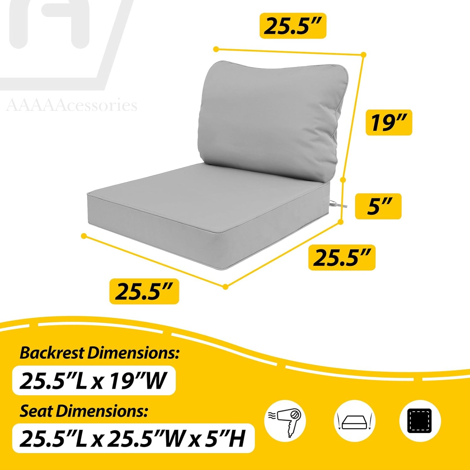 AAAAAcessories Outdoor Deep Seat Cushions, Waterproof, Fade-Resistant Patio Furniture Replacement Cushions, 25.5" x 25.5" x 5" + 25.5" x 19", Gray