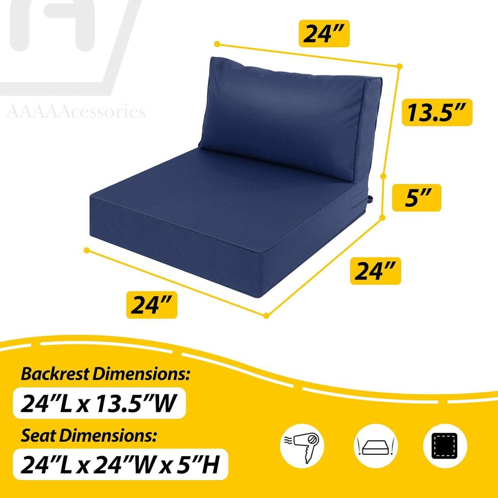 AAAAAcessories Outdoor Deep Seat Cushions, Waterproof, Fade-Resistant Patio Furniture Replacement Cushions, 24" x 24" x 5" + 24" x 13.5", Set of 2, Navy Blue