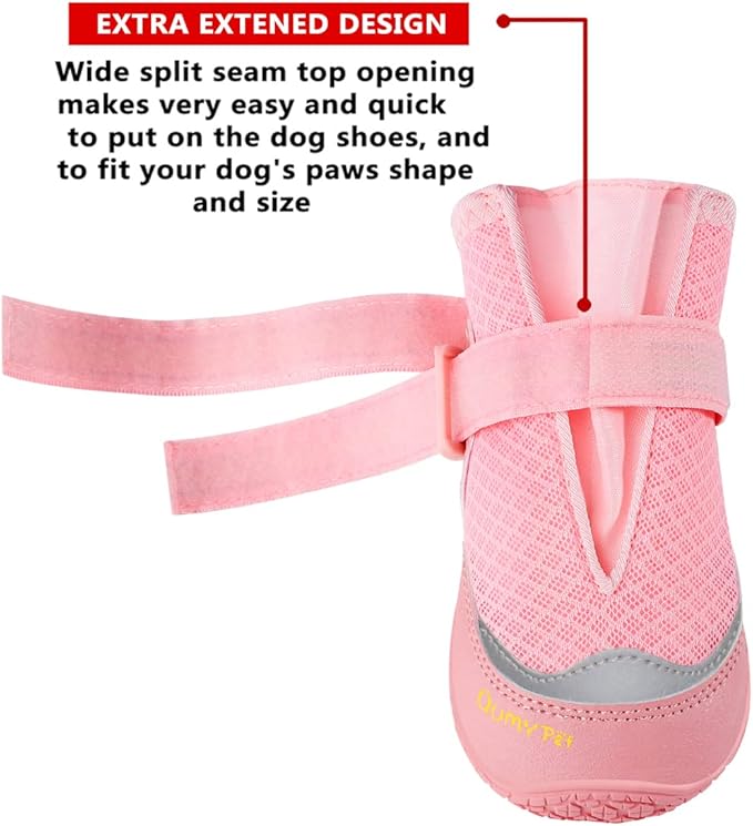 QUMY 4PCS Dog Boots for Large Dogs, Medium Dog Shoes & Paw Protectors for Hot Pavement, Summer Heat Protection, Mesh Breathable Nonslip Dog Booties for Hardfloors, Walking Running Hiking Pink Size 8