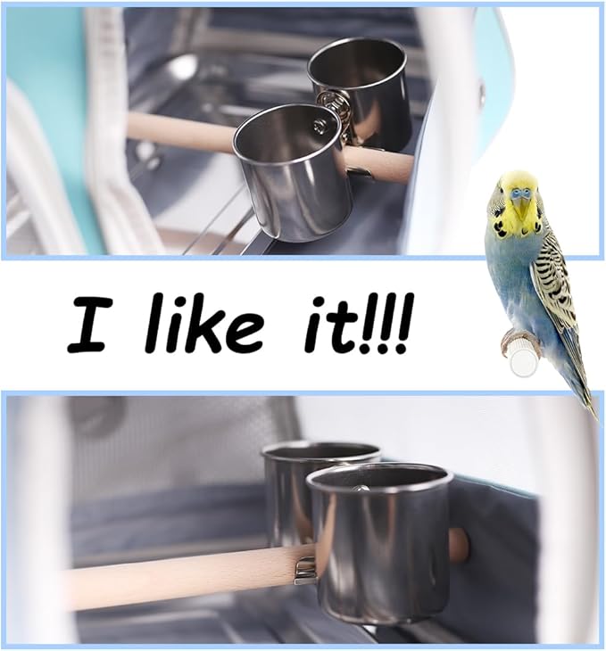 Bird Feeder Cups with Clamp Mount on Standing Perch, 2 Stainless Steel Cups for Food and Water, Compatible for halinfer's All Bird Carrier and Backpack Wooden and Rope Perch