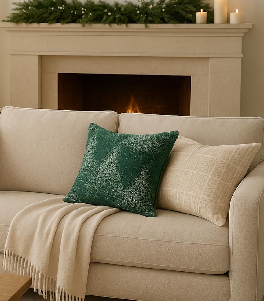 SanVia Moss & Snow Premium Cotton Throw Pillow Covers, 20 x 20 Inches, Green Handwoven Couch Pillow Covers, Luxury Holiday Theme Home Décor Cushion Cover, Insert Not Included