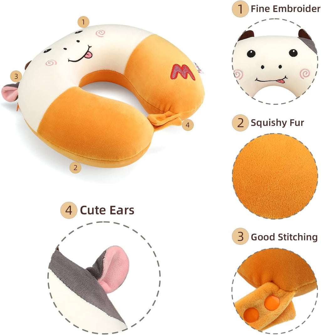 Niuniu Daddy Kids Travel Neck Pillow - Memory Foam Neck and Chin Support for Airplane, Car, Road Trips - Cute Cow Design, Airplane Essentials for Kids Boys Girls