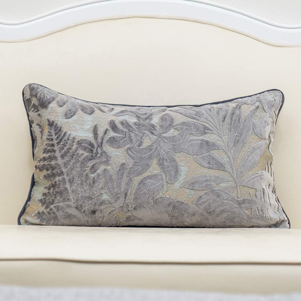Alerfa 12 x 20 Inch Gray Silver Rectangle Maple Leaf Pillow Embroidery Cut Velvet Cushion Case Luxury Modern Lumbar Throw Pillow Cover Decorative Pillow for Couch Sofa Living Room Bedroom Car