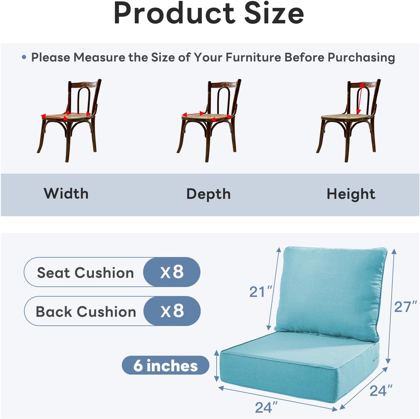 6" Thicker Outdoor Chair Cushion 8 Sets - 24" *24" *6" Waterproof Patio Furniture Cushions with Removable Cover, 28D High Density Sponge Filling Thicken Outdoor Patio Cushions - Turquoise