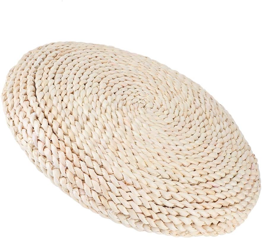 Japanese Round Tatami Hand Woven Floor Cushion, Meditation Yoga Mat, Corn Bran Pouf with Silk Floss Filler, Ergonomic for Zen Tea Ceremony, Home Decor, 40x40x6cm