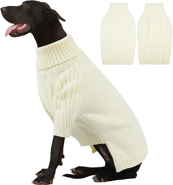 IECOii Extra Large Dog Sweater 4XL,Thermal Warm Dog Sweaters for Giant Breed Dogs,Turtleneck Knitted Knitwear for Pet Winter,Stretchy&Easy On Doggy Sweatshirt for Doberman,Great Dane(White,XXXXL)