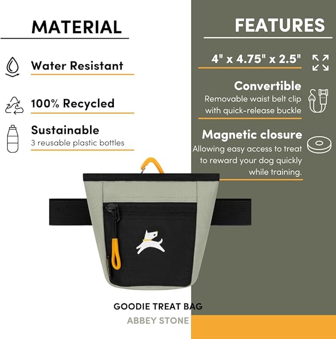 OllyDog Goodie Treat Bag, Dog Treat Pouch, Waist Belt Clip for Hands-Free Training, Magnetic Closure, Dog Training and Behavior Aids, Three Ways to Wear (Abbey Stone)