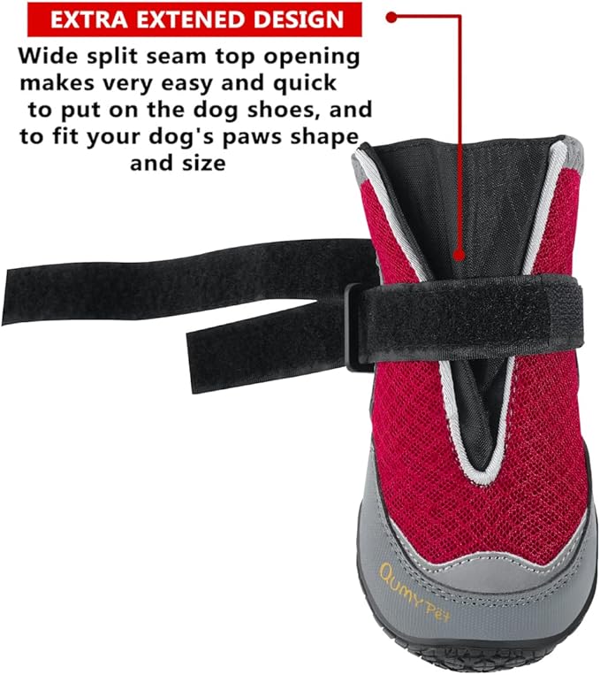 QUMY 4PCS Dog Boots for Large Dogs, Medium Dog Shoes & Paw Protectors for Hot Pavement, Summer Heat Protection, Mesh Breathable Nonslip Dog Booties for Hardfloors, Walking Running Hiking Red Size 1