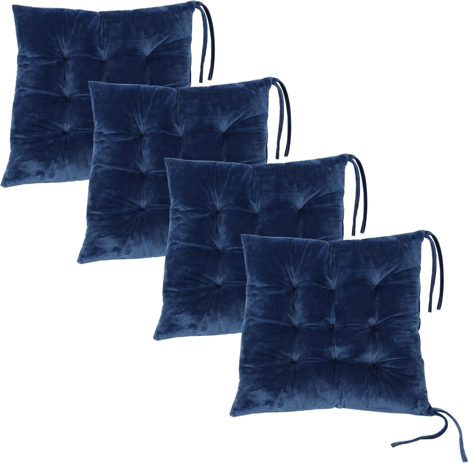 Set of 4 Square Chair Pads Indoor Seat Cushions Pillows with Ties Soft Comfortable Non Slip Chair Mat for Kitchen Dining Office Desk Living Room Outdoor Tatami 15.5" - Blue