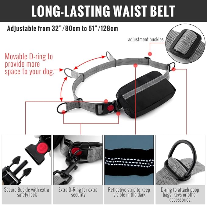 Plutus Pet Hands Free Dog Leash, Soft Padded Dual Handle Retractable Bungee Leash with Reflective Stitches, Adjustable Wasit Leash for Dog Walking Running Jogging, for Medium Large Dogs