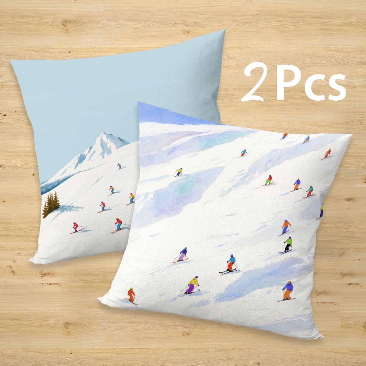 2 Pcs Mountain Ski Lift Throw Pillow Cushion Covers, White Winter Time Snow Landscape Resort Decorative Square Accent Pillow Case, Gifts for Women Friend Sister Coworker Birthday Christmas