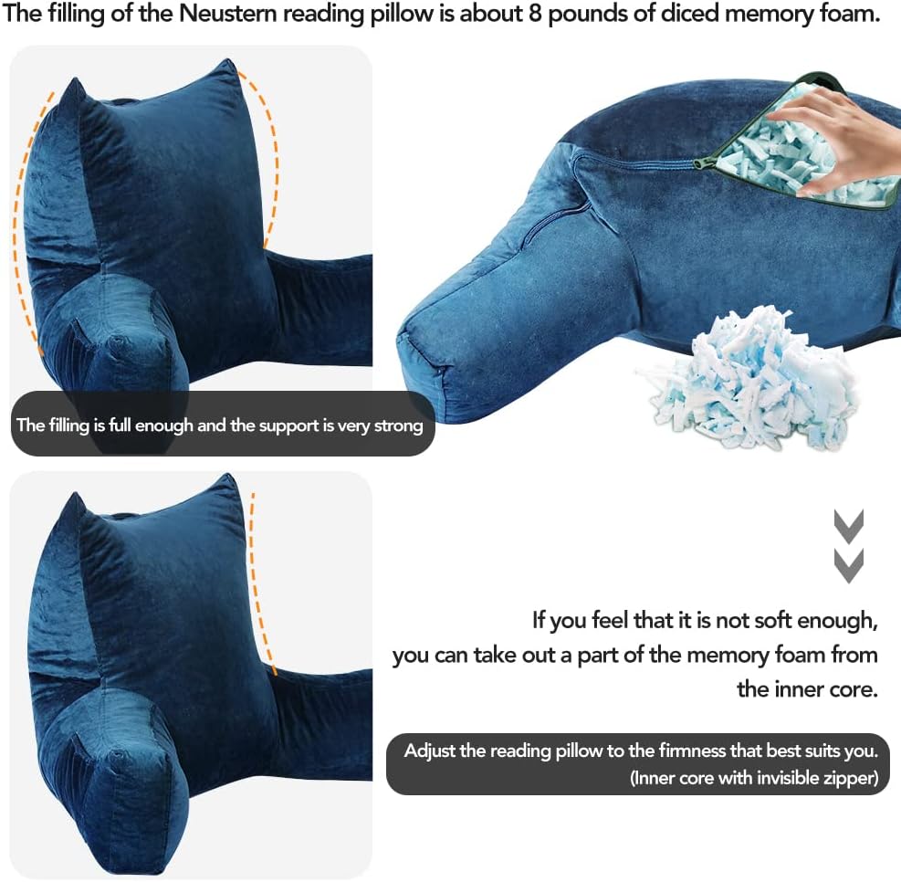 Neustern Reading Pillow for Sitting in Bed Adult, Back Pillow for Bed Shredded Memory Foam Chair Pillow with Arms and Pockets, Backrest and Support with Washable Cover for Watching TV/Gaming/Relaxing
