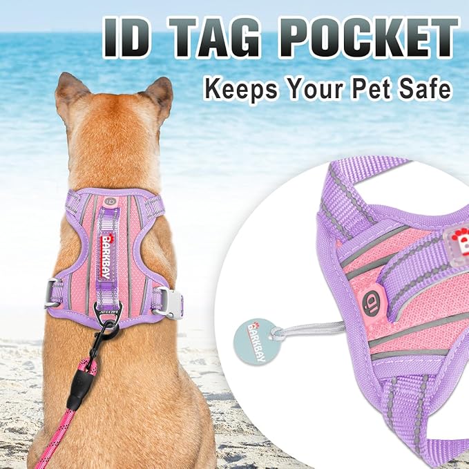 BARKBAY No Pull Dog Harness Large Reflective Dog Harness with Front Clip and Easy Control Handle for Walking Training Running with ID tag Pocket(Baby Pink & Violet Purple,XL)