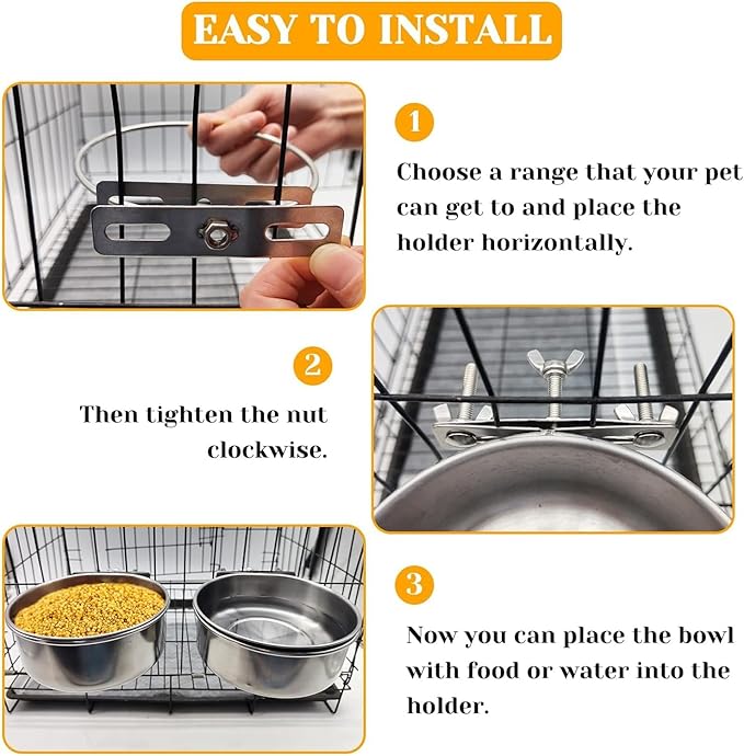 PINVNBY 2pcs Stainless Steel Bird Bowl Feeding Dish Cups for Parrot, Parakeet, African Greys, Conure, Cockatiels, Lovebird, Budgie, Chinchilla (Three Screws Size: L)