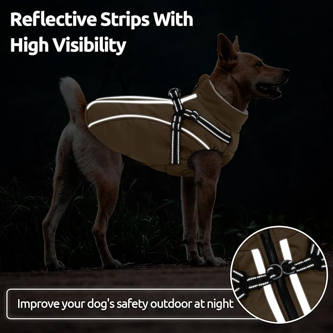 Dog Winter Coat with Harness Built in Warm Puffer Dog Jackets for Small Medium Large Dogs Windproof Waterproof Outfit with Plush Lining and Reflective Stripes (Brown, XL)