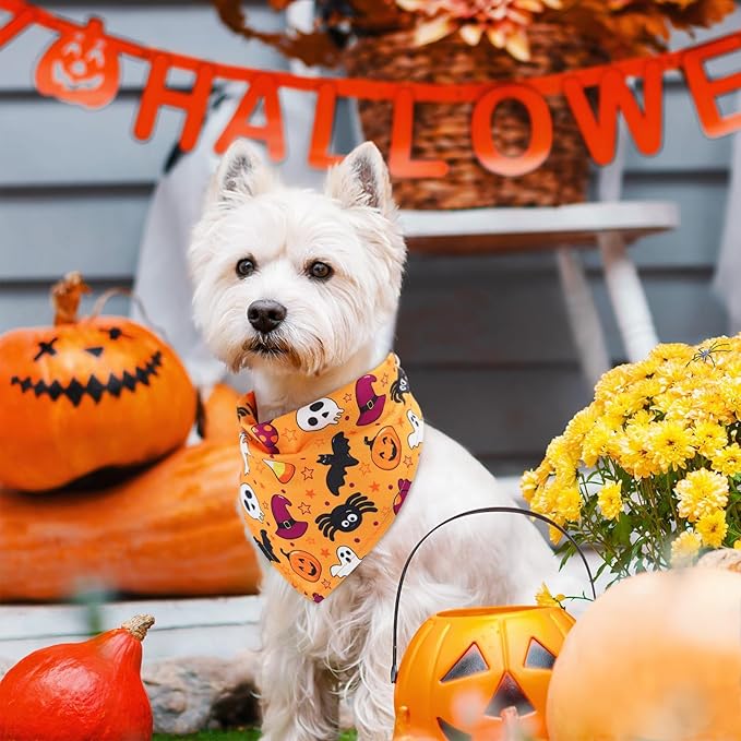 Kigeli 100 Pack Halloween Dog Bandanas Adjustable Triangle Bibs Scarf Ghost Halloween Pumpkin Spider Web Pet Bandanas Costumes Holiday Accessories for Large Medium Small Dog Puppy Cat(Large)