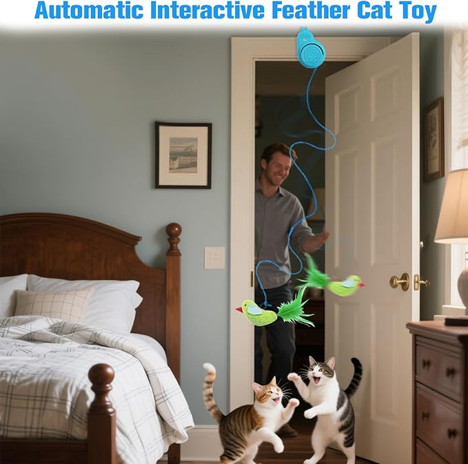 Interactive Cat Toys for Indoor Cats Automatic Electric Flying Bird Feather Cat Toy - Best Kitten & Adult Cat Enrichment Toy Stick-on Hanging Electric Kitty Toys for Bored Cats