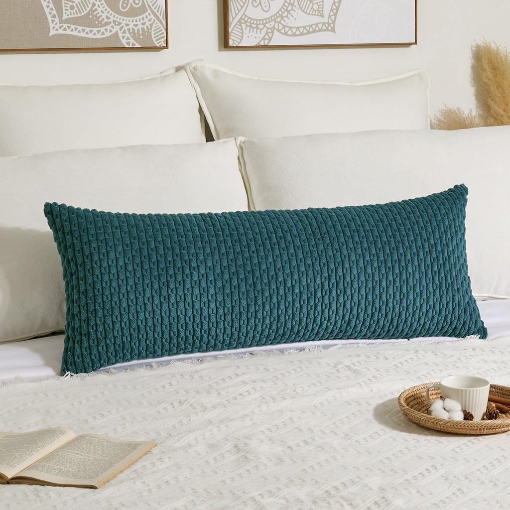Kevin Textile 14x36 Inch Long Lumbar 1 Pack Boho Decorative Throw Pillow Cover Soft Striped Corduroy Rectangle Cushion Case Farmhouse Solid Color Accent for Living Room Couch Sofa Bed, Teal Blue