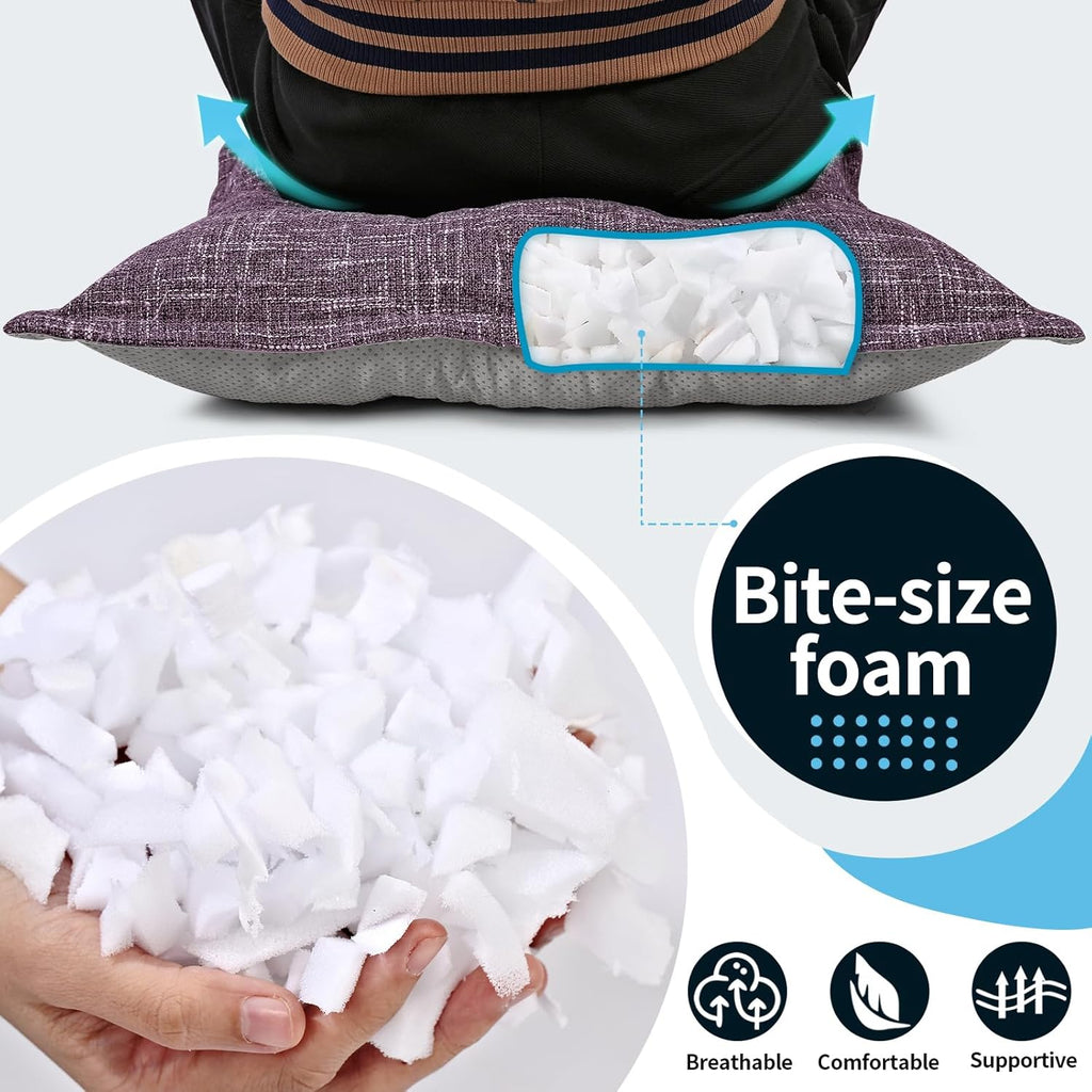 SINSOSSO Large Floor Pillows 22", Thickened Bite-Size Memory Foam Square Non-Slip Cushions for Office Back Support/Yoga/Chair Seat, Fashionable Color-Blocked Fabric & Washable, Purple, 2 PCS