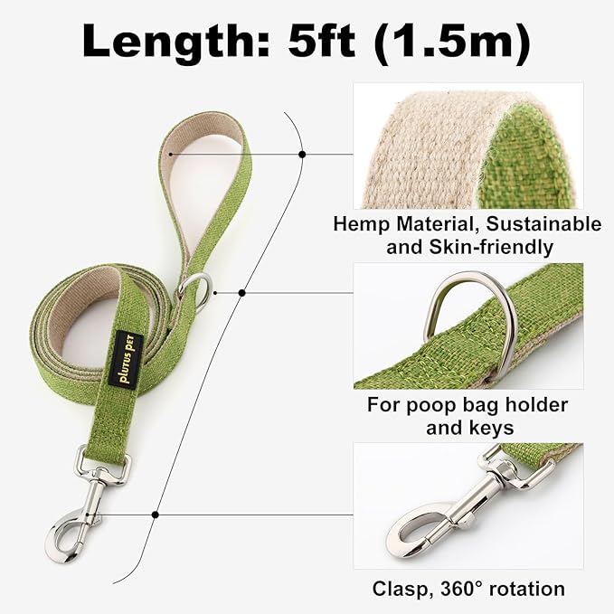 Plutus Pet Cotton Hemp Dog Collar and Leash Set, Adjustable Collar for Small, Medium, and Large Dogs, Heavy Duty and Soft on Skin, Green, XS