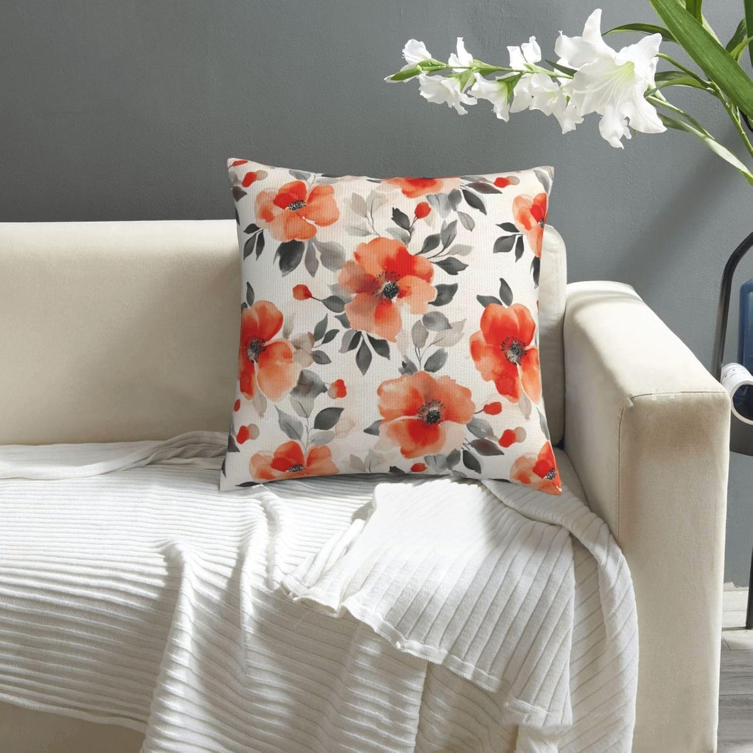 Fall Burnt Orange Floral Throw Pillow Covers 18x18 Inch Set of 2, Black Beige Watercolor Flowers Pillow Cushion Cases, Modern Decorative Square Pillowcases for Couch Sofa Bedroom Living Room Decor