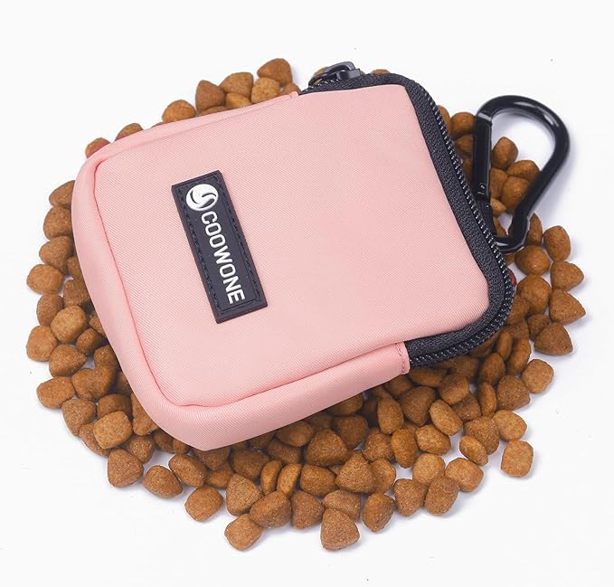 COOWONE Dog Treat Pouch Pocket Sized Pet Puppy Training Pouch for Dog Training Behavior Aids, Waterproof Nylon Fabric Dog Poop Bag Holder, Hands Free Dog Walking Bag with Metal Carabiner (Pink)