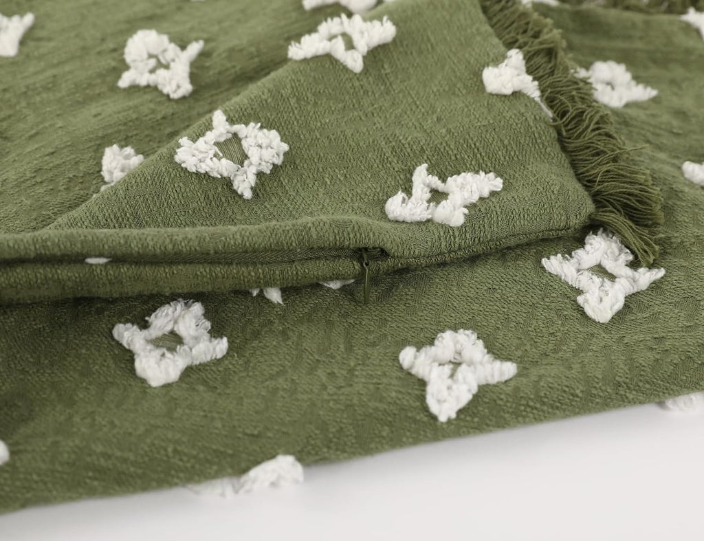 Boho Long Lumbar Pillow Cover 14x22 with Tassel,3D Flower Patterned Cotton Decorative Long Lumbar Pillow Cover Pillow Case for Sofa Couch Bed Livingroom Farmhouse,Sage Green