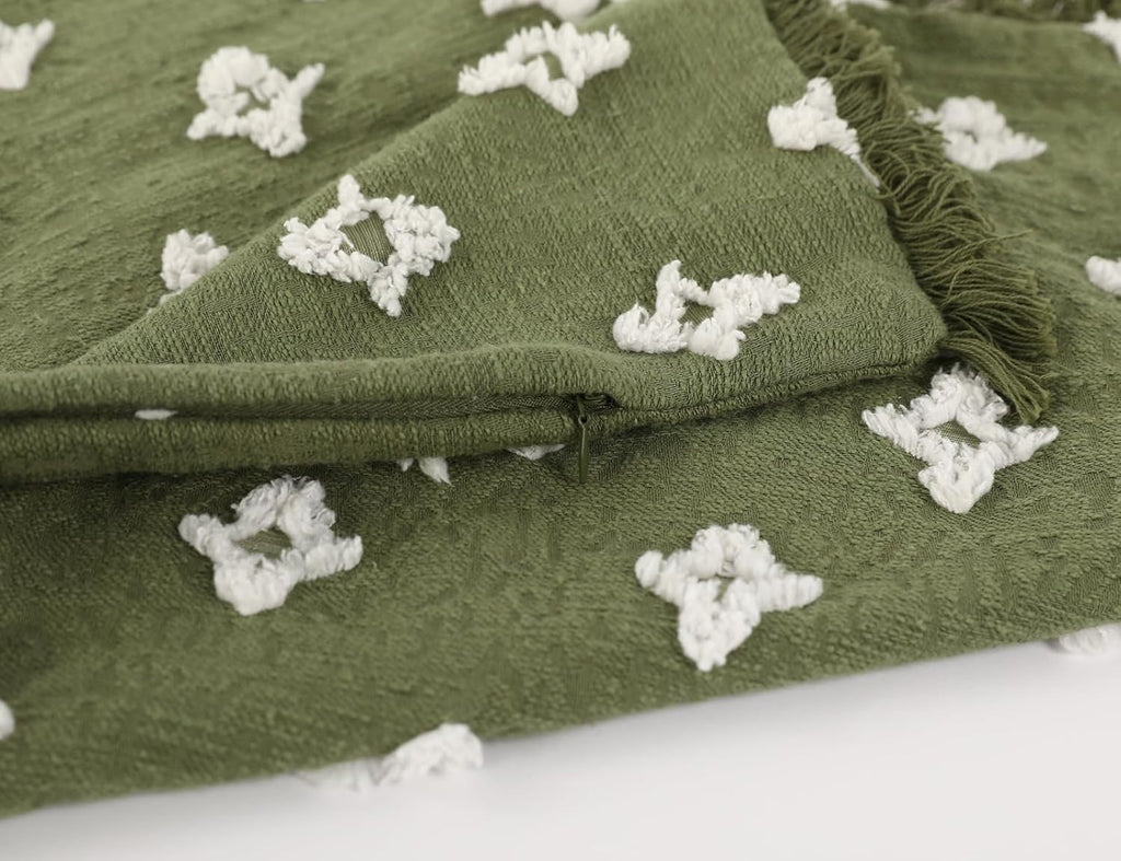 Boho Long Lumbar Pillow Cover 14x20 with Tassel,3D Flower Patterned Cotton Decorative Long Lumbar Pillow Cover Pillow Case for Sofa Couch Bed Livingroom Farmhouse,Sage Green