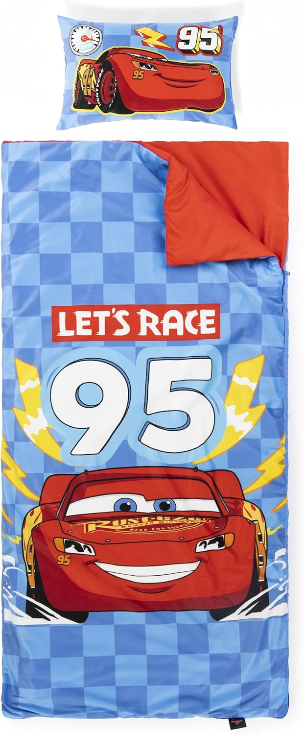 Jay Franco Kids Slumber Bag and Pillow - 54 x 27 Inch Comfy Indoor Sleeping Bag for School and Sleepovers, 2 Piece Set, Blue - Cars