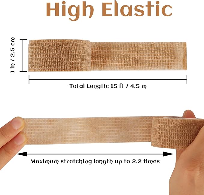 24 Rolls Elastic Self Adhesive Bandage Wrap 1 Inch, Breathable Non Woven Cohesive Bandage, Vet Wrap for Dogs, Ankle Sprains Swelling Medical First Aid Tape, Sports Athletic Tape (Brown)