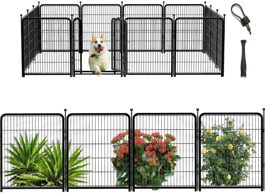 56 in(H) Decorative Garden Fence Panels, Wide Door Low Threshold, Dog Fence Outdoor for Yard. 10 Panels Total 22.1 Ft(L)，No Dig Fencing for Dogs, Black